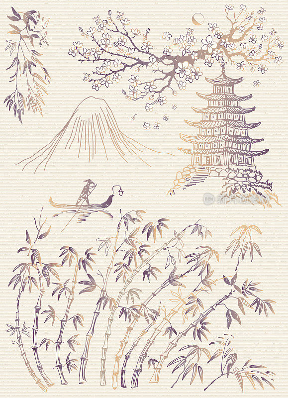 矢量手绘写生集在日本和中国自然水墨插画sumi e传统上的陈年宣纸纹理。竹竿、竹叶、山、舟、樱花盛开